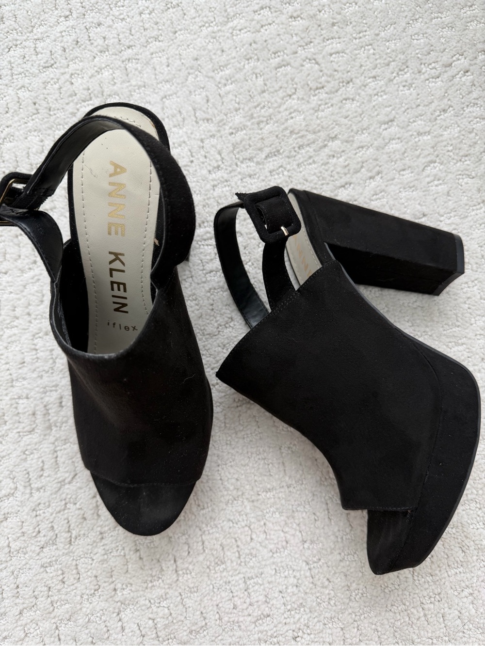 Anne Klein Black Suede Peep-Toe Platform Heels
